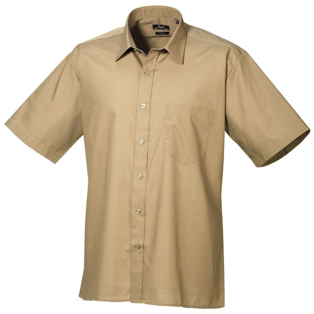 Premier Mens Short Sleeve Formal Poplin Plain Work Shirt / Khaki